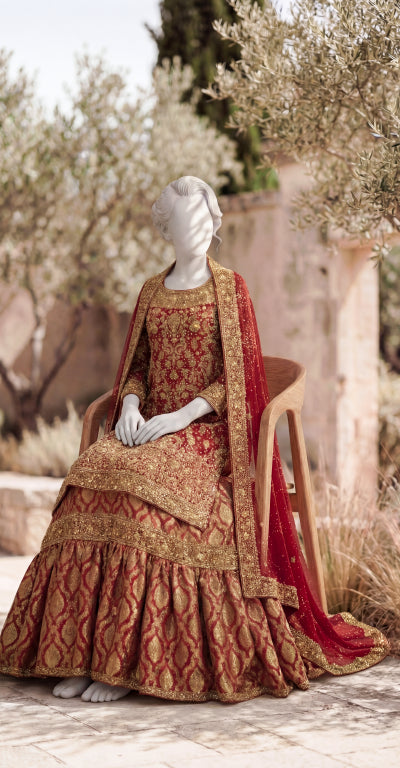 Soumia | Farshi Lehenga | Stitched | Red