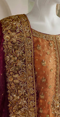 Gulrezay | Farshi Lehenga | Rust & Cherry Red