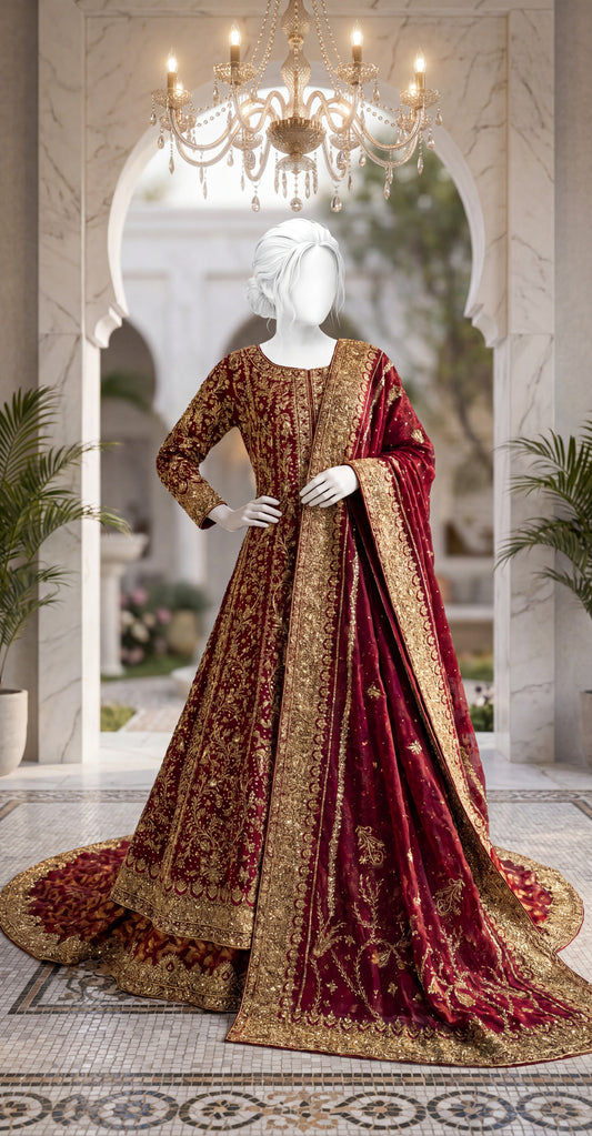 Safeera | Farshi Lehenga | Rust & Cherry Red
