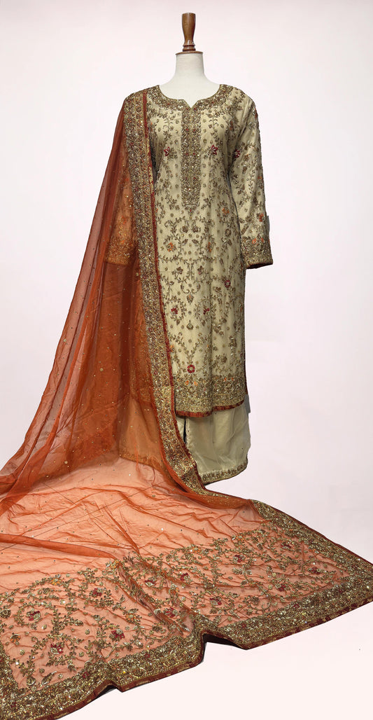 Sarah | 3 Piece | Stitched | Beige & Rust