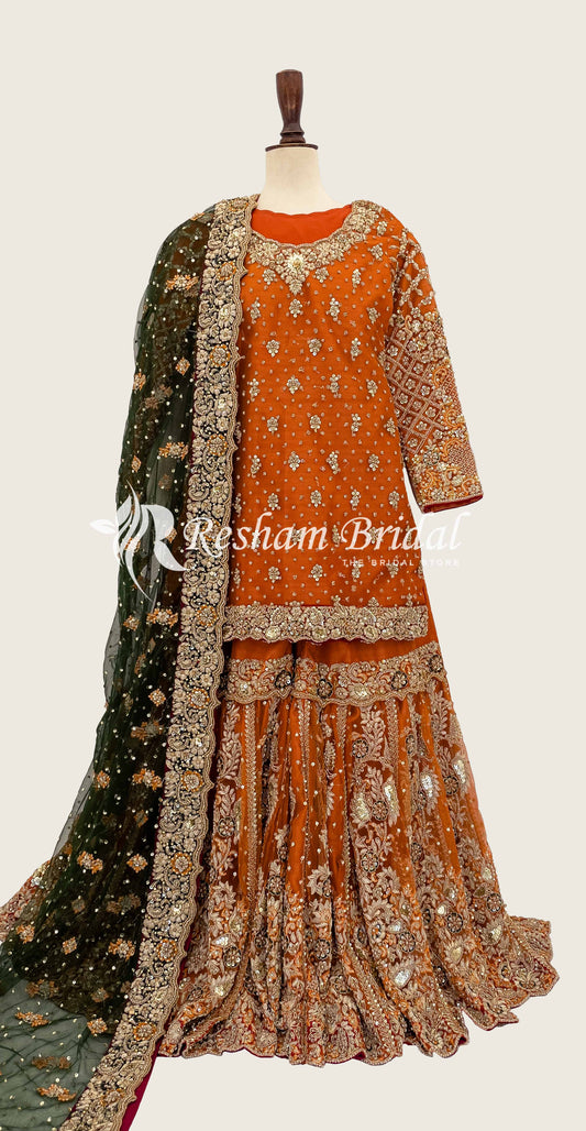 Khushboo-e-Gulaab | Gharara | Orange & Green