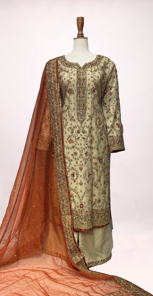 Sarah | 3 Piece | Stitched | Beige & Rust