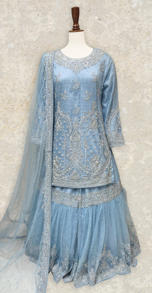 Nehaal | Gharara | Stitched | Aqua Blue