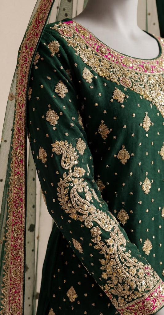 Waania | Gharara | Stitched | Bottle Green Resham Bridal PK Waania | Gharara | Stitched | Bottle Green Resham Bridal PK