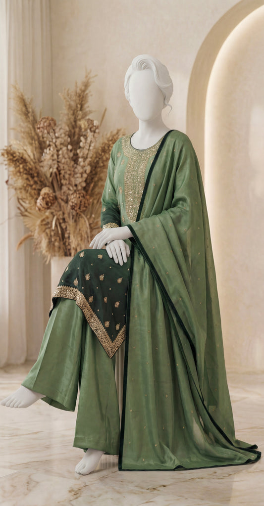 Riza | 3 Piece | Stitched | Bottle Green