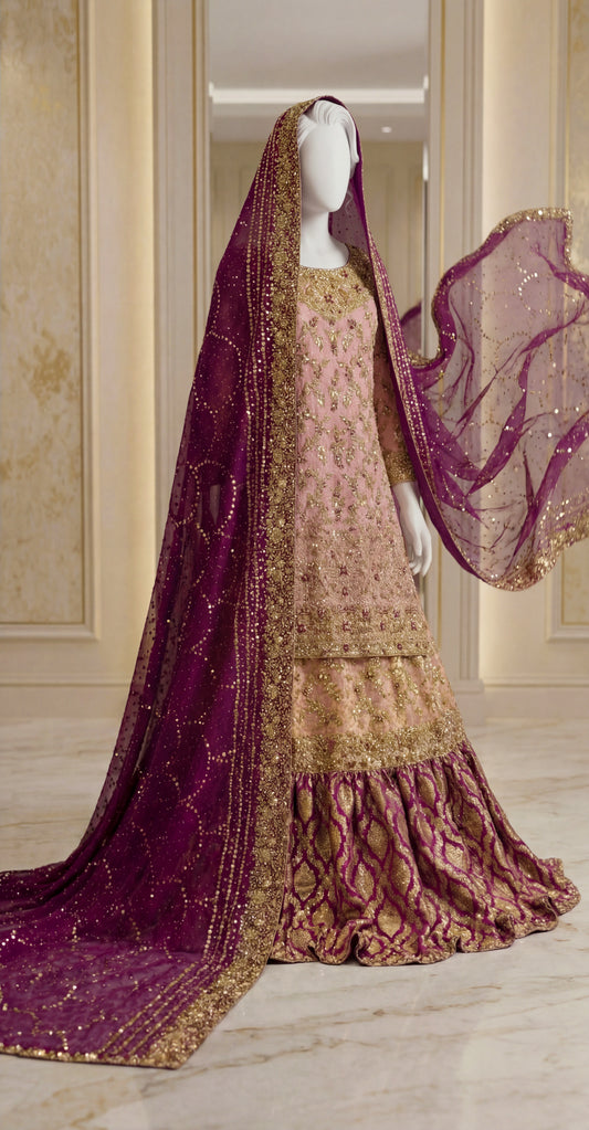 Arooba | Farshi Lehenga | Peach & Purple