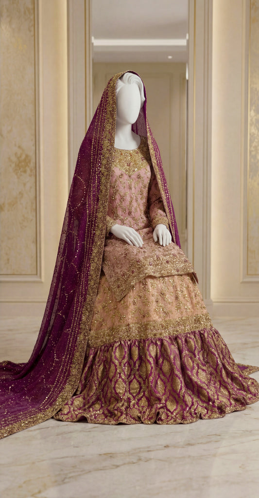 Arooba | Farshi Lehenga | Peach & Purple