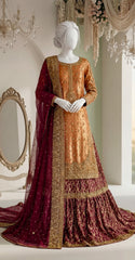 Gulrezay | Farshi Lehenga | Rust & Cherry Red