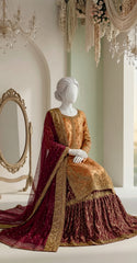 Gulrezay | Farshi Lehenga | Rust & Cherry Red