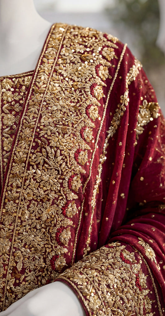 Safeera | Farshi Lehenga | Rust & Cherry Red