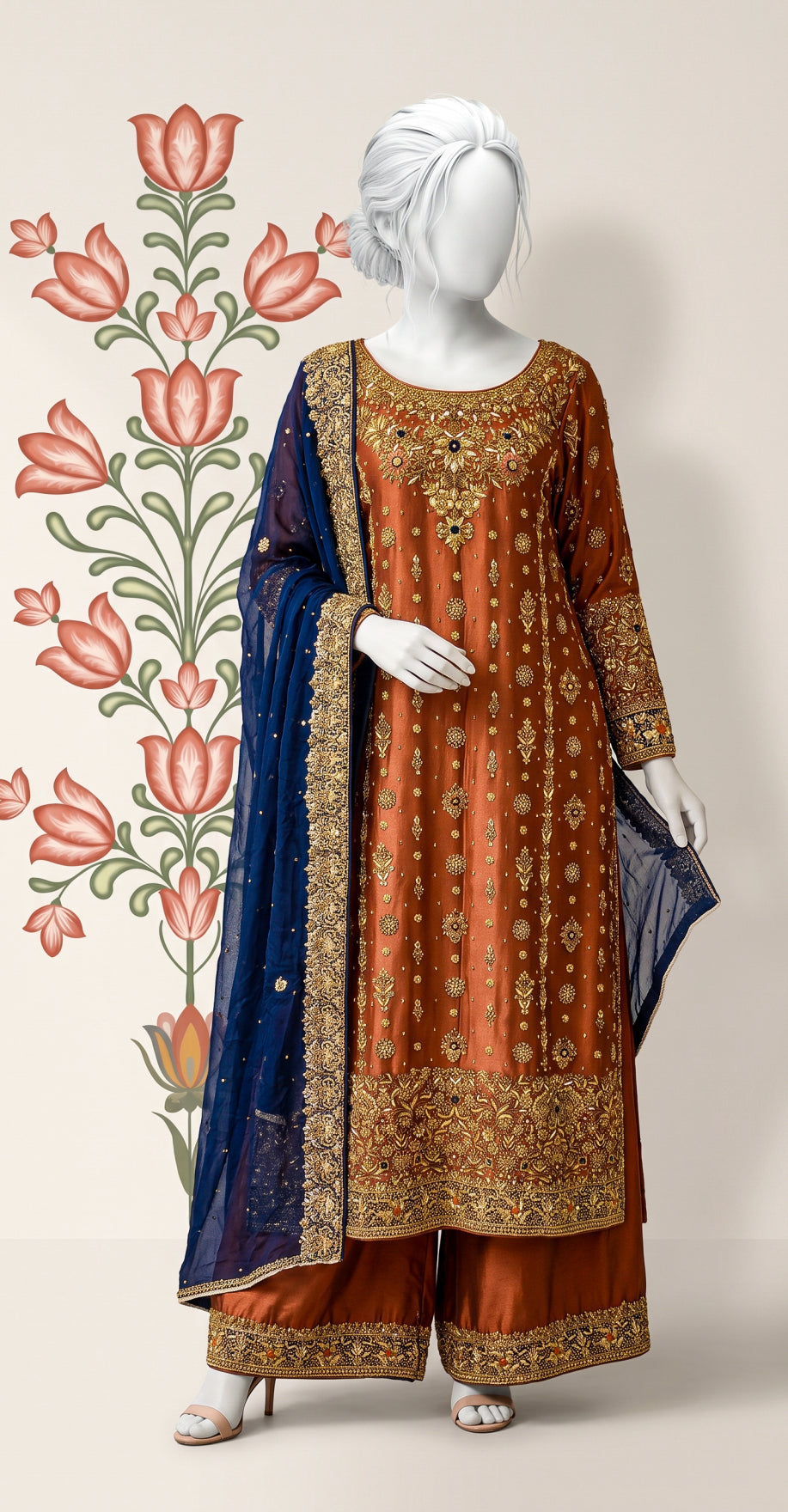 Aaliya | 3 Piece | Stitched | Rust & Blue