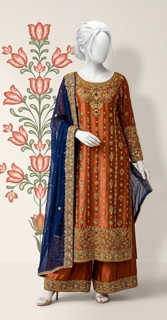 Aaliya | 3 Piece | Stitched | Rust & Blue