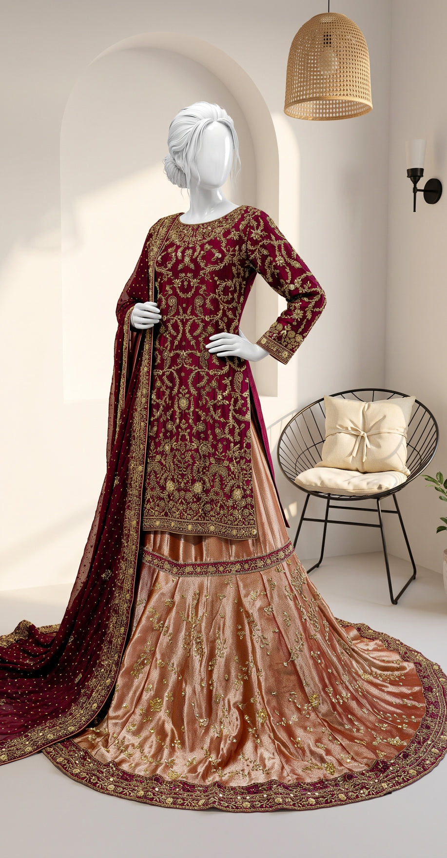 Mushq | Farshi Lehenga | Cherry Red