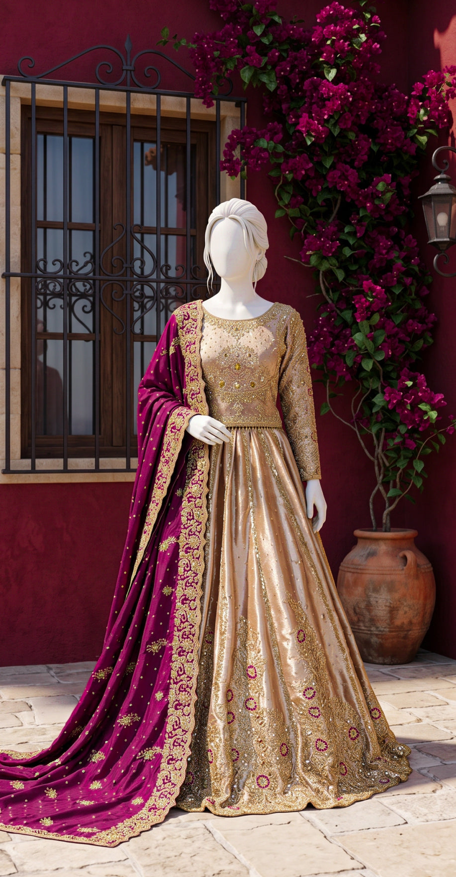 Elara | Lehenga | Golden & Ruby Red