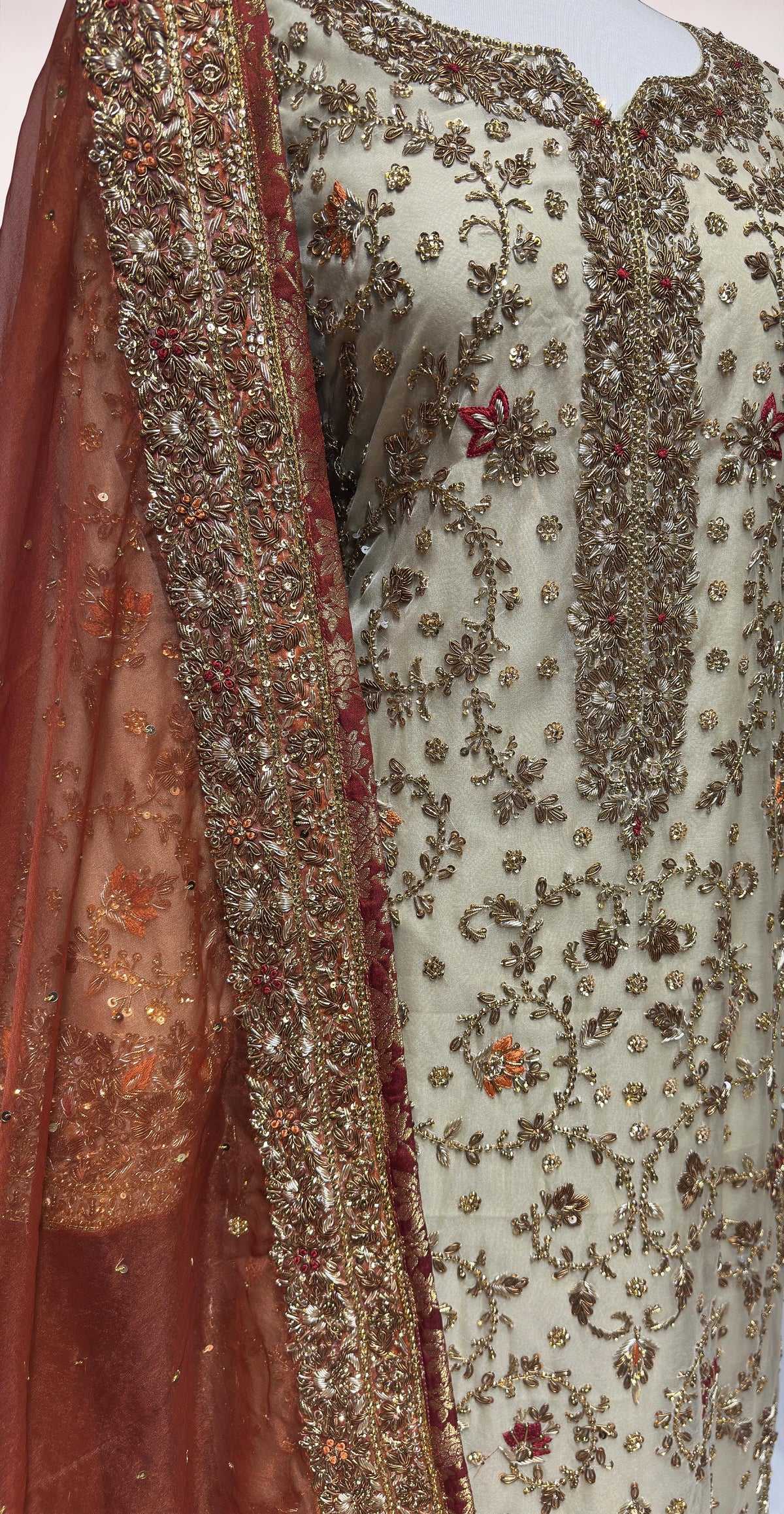 Sarah | 3 Piece | Stitched | Beige & Rust